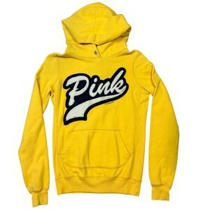 Victorias Secret PINK University Hoodie Yellow Logo XS Pullover Sweatshirt